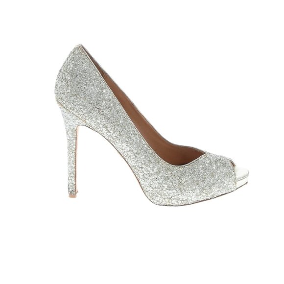Badgley Mischka Shoes - Badgley Mischka "Kassidy/Kassidy II" Silver Glitter Peep-Toe Pumps - Size 8-1/2
